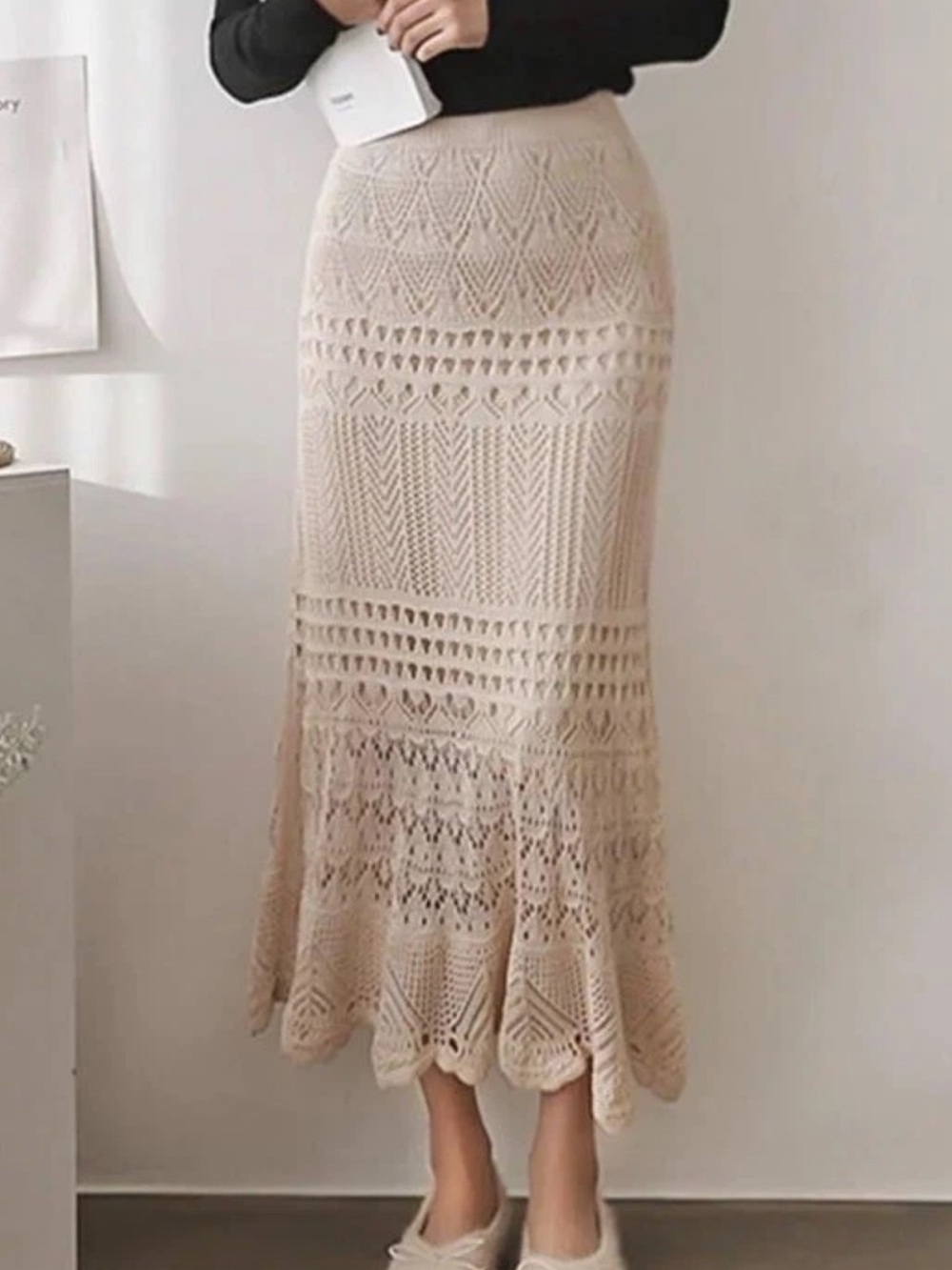 Chouyatou NWT Beige High Waist Crochet Hollow Out Knit Flowy Pull On Midi Skirt